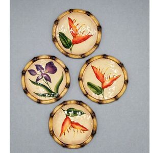 Vintage Pacific Rim Ceramic Coasters Set of 4 Flowers Bamboo